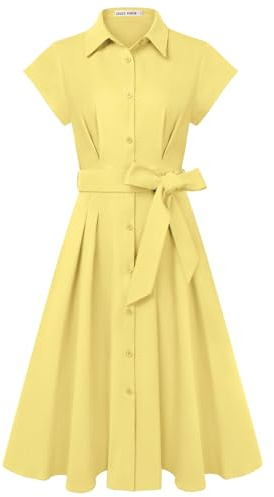 GRACE KARIN Damer sommar kortärmad reverskrage knappar midjebälte klänning elegant A-linje midi blusklänning med fickor, GUL, XL