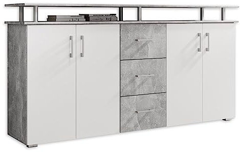 LIFT Highboard mit Ablage in Beton Optik, Weiß - Moderner Wohnzimmerschrank mit Schubladen und viel Stauraum für Ihren Wohnbereich - 178 x 90 x 38 cm (B/H/T)