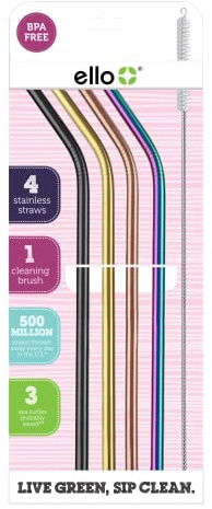 Ello Impact Stainless Steel Reusable Straws with Cleaning Brush, 4 Piece, Metallics