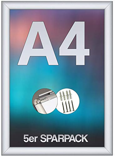 webwarenhaus 5er Set A4 Klapprahmen Aluminium DIN A4 (21x29,7 cm) – Posterrahmen & Plakatrahmen mit Klappmechanismus, entspiegelte Schutzfolie, Wandmontage für Innen & Außen