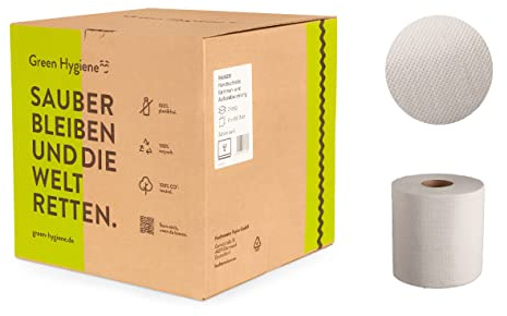 RAINER-Green Hygiene Handtuchrollen | plastikfrei | 100% Recycling | 2-lagig | perforiert |19x25 cm | 450 Blatt | für Innen-und Außenabrollung | 450 Blatt | Verpackungseinheit: 8 Rollen im Karton