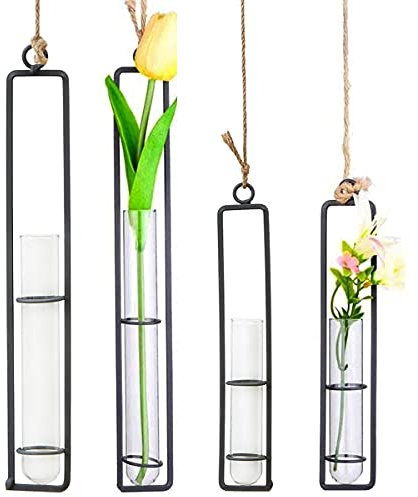 Jicyor Wall Hanging Plants Glass Vases 4 Pieces Black Test Tube Flower Vases Hanging Planter Terrarium Creative Wall Hydroponic Plants Decor For Home Office Wedding Decoration Water Container