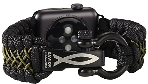 Savior Survival Gear Paracord Uhrenarmband – kompatibel mit Apple Watch & iWatch Armbändern Serie 42 mm 44 mm 45 mm 49 mm, 550 Paracord & Stainless Steel Schäkel, schwarz-grün-schwarz, L