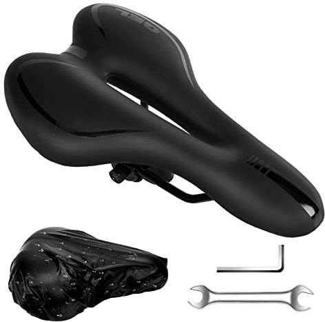 Homoto Gel Bike Seat, Ergonomic Design, Black, Bicycle Saddle with Rain Cover, Fits MTB/City/Road Bikes