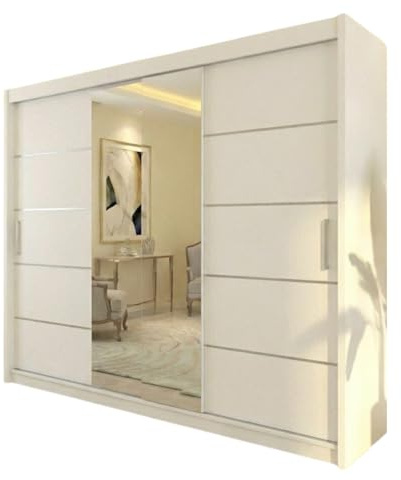 INTERWOOD Matt Finish Sliding Door Wardrobe – 2 Doors Wardrobe with Mirror, Hanging Rail, Adjustable Shelves and Chrome Handles | Strong MDF Wardrobe for Home Office, Bedroom Furniture 203cm(white)
