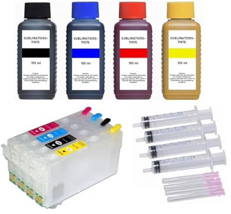 Inkpro Wiederbefüllbare Tintenpatronen kompatibel mit Epson 405 XL + 4 x 100 ml Sublimationstinte für Workforce WF-7310, 7830, 7835, 7840, Pro WF-3820, 3825, 4820, 4825, 4830