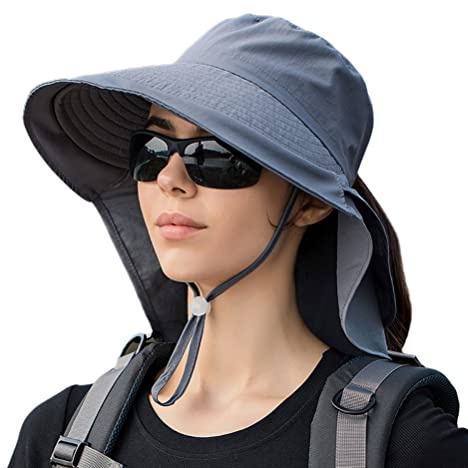 Sahgsa Damen-Sonnenhut, Nackenschutz Sonnenhut UV-Schutz UPF 50+ Strandhut mit breiter Krempe Damen Herren Eimerhut mit Kinnriemen und Pferdeschwanzloch Sonnenhut Sommer, Outdoor,