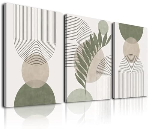 Sage Green Boho Wall Art Set of 3, Minimalist Framed Wall Art Geometric Line Leaf Sun Moon Beige Green Canvas Artwork Paintings, Abstract Botanical Boho Room Decor, Office, 12x16