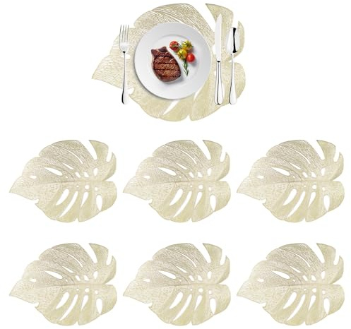 6 Stück Gold Platzsets Aushöhlen Blattförmige Tischsets 45x33cm/18x13 Zoll | Waschbar Abwischbar Rutschfeste Tischsets für Weihnachten Bankett Geburtstag Hochzeit Küche Esszimmer