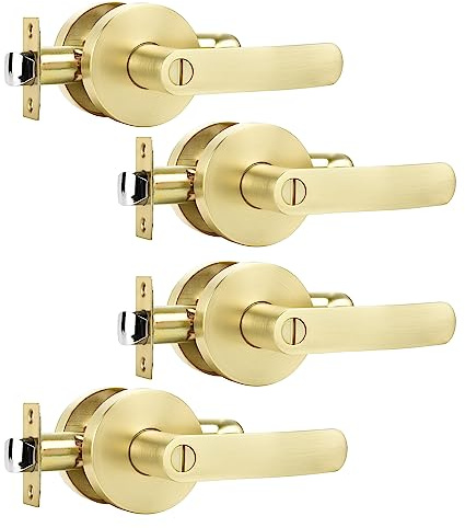 Karlstone 4 Pack Privacy Lever Door Handle Heavy Duty Brushed Gold Door Handles Indoor Door Handles with Internal Locking for Bedroom or Bathroom