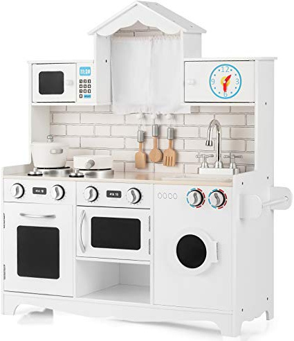 COSTWAY Cuisine Enfants en Forme Maison avec Horloge, Cuisiniere Enfants avec Lumière & Effet Sonore, Machine à Laver, Micro-Ondes et Évier, Jeu de Cuisine pour Garçons Filles de 3 Ans+…