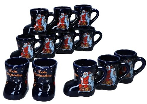 MamboCat Lot de 12 bottes de vin chaud bleu foncé avec anse I 200 ml calibré I Gobelets à vin chaud avec décoration de Noël et inscription pour 12 personnes I Tasse en céramique pour thé, lait de