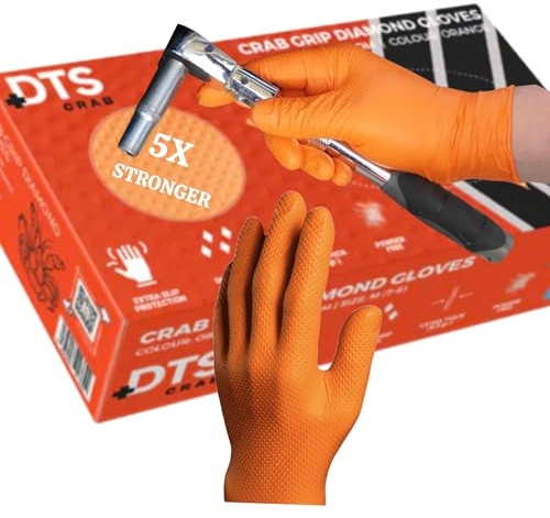 Heavy Duty Super Strong Orange Grip Nitrile Gloves PF 8 mil |Mechanical|Industrial| Engineering|Lab|Food|Cleaning|Plumbing| Gardening, Box of 50 Gloves (Orange, Large)