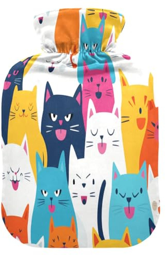 Wärmflasche mit bunten Katzen, weich, warm, für Winter, Bett, Hand, Hals und Schultern, 1 l
