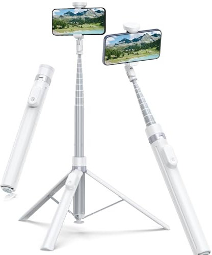 TONEOF 66 Automatic Tripod Selfie Stick, Auto-Open Phone Tripod Stand with Magnetic Rechargable Remote, 360° Double Axes Rotatable TravelTripod, Stable Smartphone Monopod for iPhone/Android-White