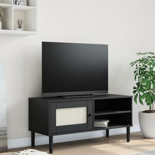 Homgoday SENJA TV-Möbel in Rattanoptik, schwarz, 106 x 40 x 49 cm, Kiefer, TV-Schrank für Wohnzimmer, TV-Schrank, niedriger Schrank für industrielle Fernseher, TV-Ständer