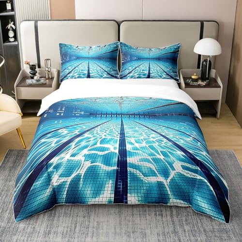 Homewish Coton Natation Sport Parure de Lit 200x200 3D Piscine Impression Housse de Couette Enfants Adolescents Loisirs Loisirs Thème Été Rafraîchissant Literie Couvre Lit,Zip