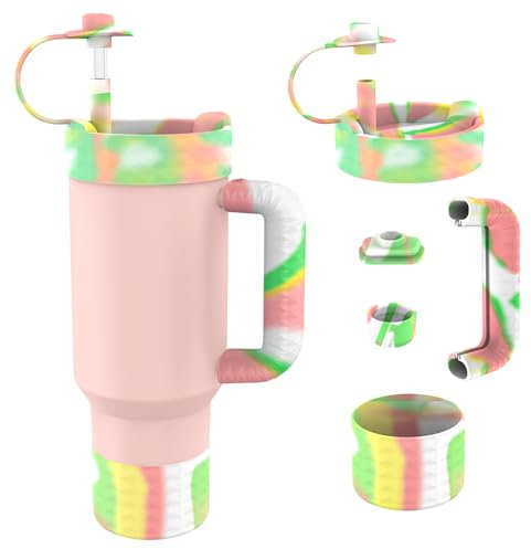 Tyasoleil Cup Accessory Set Compatible with Stanley, Silicone Resin Protector Set with Handle for Cup 40oz Tumbler, Silicone Spill Proof Stopper (Macaroon C)