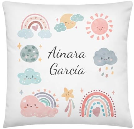 Kembilove Cojin Infantil Personalizado con Nombre - Almohada niños 2 años - Cojin Infantil guarderia - Regalos Infantiles para el Cole - Almohada 40X40 cm - Cielo
