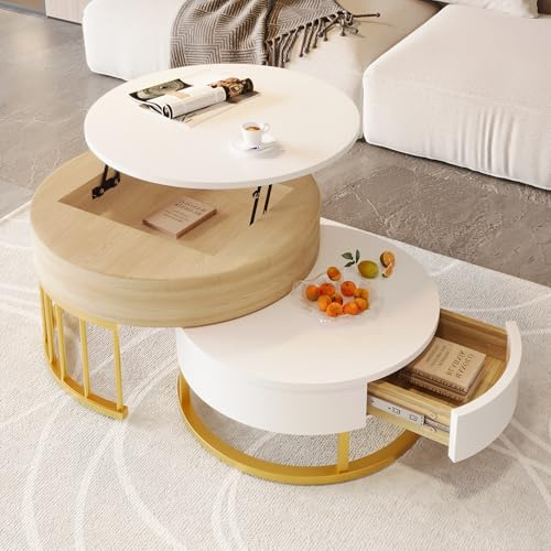 Merax Rund Couchtisch Set, Modern Wohnzimmertisch, Goldener Satztisch, hochklappbare Couchtischkombination, Beistelltisch mit Zwei Schubladen, Weiß+Weiß