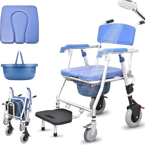 LSRFXF Sedia da Toilette per Anziani con Braccioli, Sedile per Doccia Pieghevole con Ruote, Sedia a Rotelle per Doccia con Schienale e Secchio per WC per l'assistenza Domiciliare