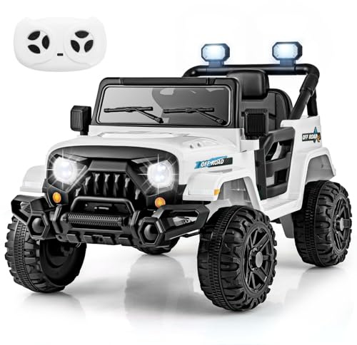 COSTWAY 12V Kids Ride on Car, 2 Motors Electric Off Road Truck with Remote Control, LED Lights, Music, Horn & Wireless Connection, Battery Powered Ride on Toy for Boys Girls (White)