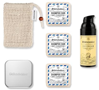 Störtebekker® Premium Dusch Routine Set - Festes Shampoo Anti-Schuppen (x3), Sisalsäckchen, Seifendose + Tagescreme - Shampoo Bar Set für Haare/Duschpflege - Handgefertigt in Seifenmanufaktur