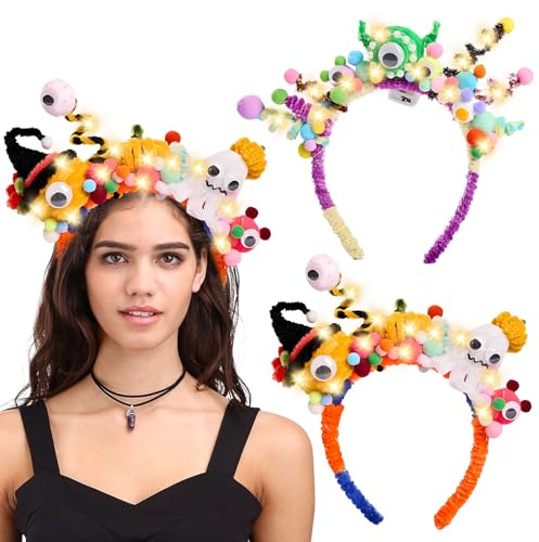KOIROI Halloween Haarreif, Halloween Haarschmuck, Geist Kürbis Kopfschmuck Damen, Pfeifenputzer zum Basteln, Stirnband mit LED, Leuchtende Haarreifen für Damen Kinder Halloween Karneval Cosplay Party