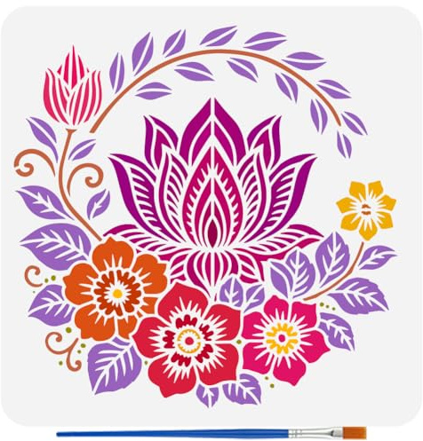 FINGERINSPIRE Mandala Lotus Malschablonen Mit Pinsel 30x30cm Kunststoff PET Blumenmuster Zeichenvorlage Ausgehöhlte Lotusblätter Schablone Pflanzenthema Vorlage Zum Malen Auf Holz Und Stoff