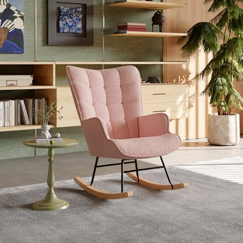 Schaukelstuhl, gepolsterter Stillsessel, karierte Rückenlehne, Füße aus Massivholz, Schaukelstuhl für Wohnzimmer, Schlafzimmer, Büro, Velours, Rosa