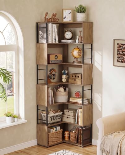 Quikraen 7-tier Corner Bookshelf, Tall L-Shaped Bookcase，Vintage Brown | Freestanding Corner Bookshelf，187cm Storage Rack，Industrial wooden Bookcases，Storage for Bedroom, Living Room