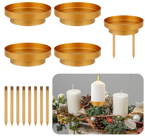 Kerzenhalter Adventskranz Stabkerzen, 2 In1 Kerzenhalter Stumpenkerzen, 4 Stück Metall Kerzenständer Kerzenteller zum Stecken für Weihnachten, Hochzeit, Geburtstag, Partydekoration (C-Gold)