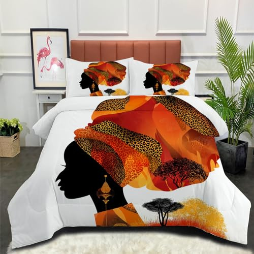 DLERFLOVR Edredón Relleno Nórdico 4 Estaciones Cama 105 200x200cm - Edredón Mujeres Negras Nórdico de Fibra Cultura Africana Suave Transpirable para Invierno, Primavera y Otoño, Naranja