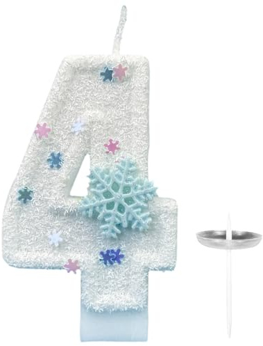 Ovanda Kerze 4 Geburtstag, Glitzernde Zahlenkerze Geburtstag, Zahl 4, 3D Blue White Geburtstags Kerzen mit Schneeflocke, Schneeflocke Kuchen-Kerzen, Toppers für Mädchen, Geburtstagsdekorationen
