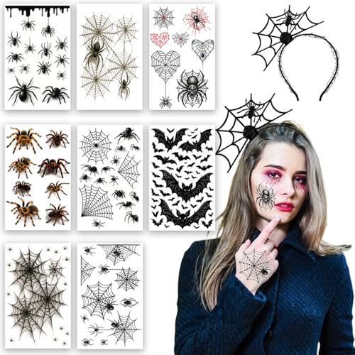 Halloween tattoo Gesicht, temporäre spinnen tattoo + spinnen Netz Haarreifen, halloween Kostüm Damen Gruselig Spinnen Tattoo, Halloween Kinder Fasching Kostüm Karneval Party Accessoire (A)