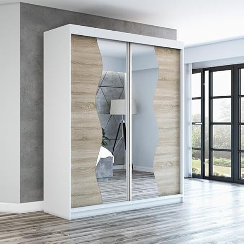 A&J MöbelLand Schwebetürenschrank RIMA 2-türig mit Spiegel, Kleiderschrank 160 cm (Weiß)