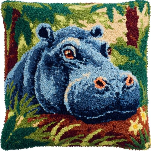 Henypt Kit de Almohadones con Cierre de Gancho Hipopótamo animal Kit De Cojines De Pestillo 43X43cm Funda de Cojín para Sofá, Latch Hook Manualidades Kits