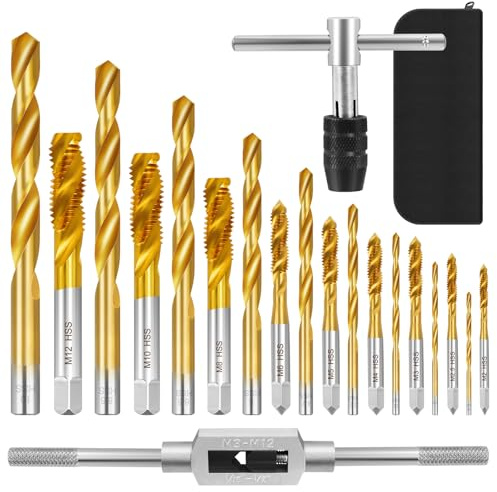 OFNMY 21 PCS Tap Wrench Set, Metric Tap and Die Set, 2 Adjustable T-Handle Ratchet Holder Wrench with Titanium Plated Tap(M2-M12), Hand Drill Bit Set with Twist Drill 9pcs (M1.5-10.5)