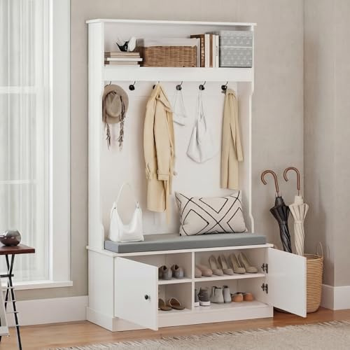 HAUSPROFI Flurgarderobe mit Sitzbank & Schranktüren, 100×40×170 cm, 6 Schwarze Haken, verstellbare Einlegeböden, Spanplatte-MDF-Kombination, graues Leinenkissen, für Flur & Wohnung (Weiß-1)