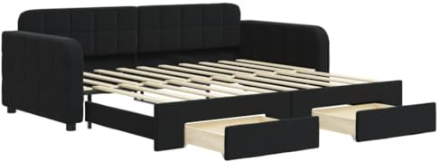 Mhdvray Ausziehbares Tagesbett Schwarz Samt 90x190 cm Rollrost Holz Metall Gestell Gästebett mit 2 Schubladen Platzsparendes Daybed für Wohn und Schlafzimmer