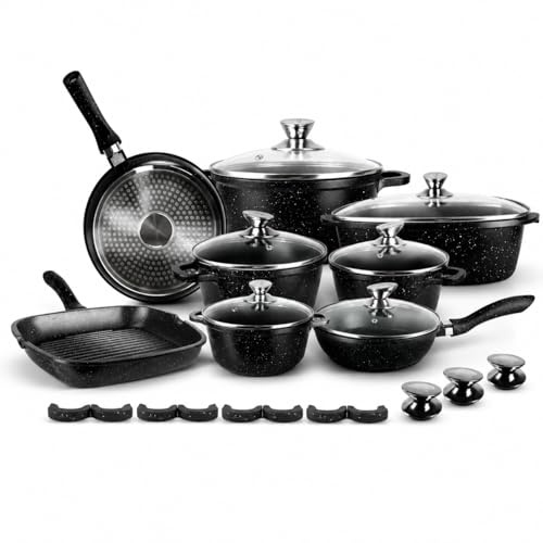 Bavaria Cucina Set Batteria Pentole 26 Pezzi Antiaderente Effetto Pietra Nero con Coperchi in Vetro, Bistecchiera, Pomelli di Ricambio e Coprimanici, Compatibile Induzione Gas Elettrico Vetroceramica
