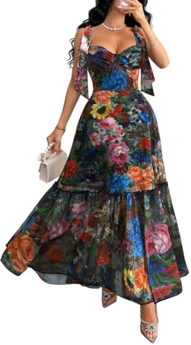 GothDark Women's Floral Maxi Dress Mesh Ruffle Boho Wedding Guest Dresses | Soft Mesh Fabric, Tiered Ruffle, Sweetheart Neckline, A-Line, Bow Straps, Beach, Evening, Birthday, Casual Party Dress