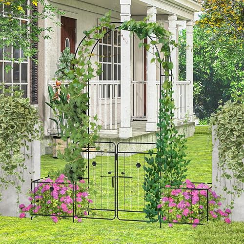 FANTASK Rosenbogen mit Tür, 202 x 50 x 220 cm, Rankbogen Metall mit Pflanzkästen, Torbogen für Kletterpflanzen, Rankgitter Rosenspalier für Hochzeit Partys Garten, Schwarz