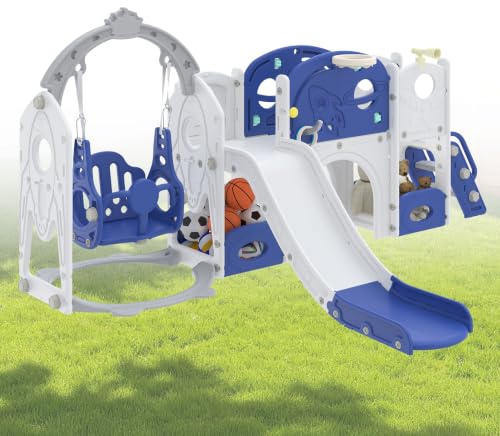 Aufun 7-in-1 Kinderrutsche für Kleinkinder, Multifunktionales Spielset mit Schaukel, Rutsche, Basketballkorb, Tunnel, Stauraum, Kletterleiter, Werkzeugfreie Montage Freistehenderutsche Spielzeug