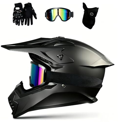 Motocross MTB Fullface Helm Set, Erwachsene Crosshelm mit Brille, Maske, Handschuhe, Leichtgewicht Downhill Schutzhelm Inklusive 3 Größen Helmfutter (Schwarz mit 3-teiligem Set, M-L-XL 57-60cm)