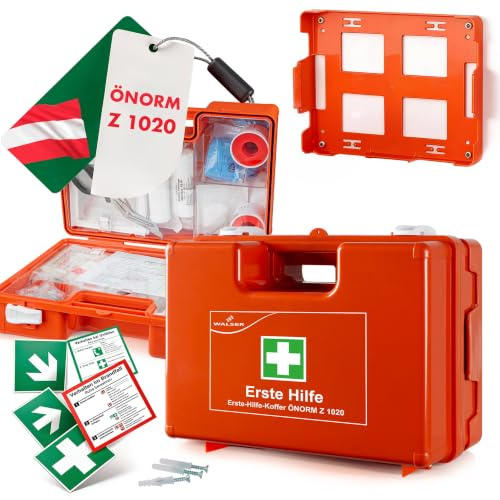 WALSER Kit de primeros auxilios Ö-Norm Z1020:2025, Botiquín empresarial 2026 incl. soporte de pared, Botiquín 66 piezas para empresas, obras, oficina y hogar