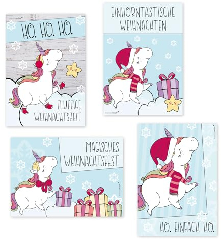 younikat Einhorn Postkarten Set 5 x 4 Weihnachten DIN A6 - dv262 | 300 g/m² Karton, zum Beschriften, beschreibbare Rückseite, matte Oberfläche