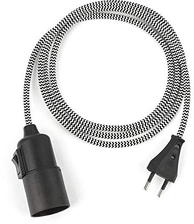 5m Plug-In Lampe SCHWARZ-WEISS, Textilkabel mit Lampenfassung aus Thermoplast (Glattmantel) mit Schalter und Eurostecker