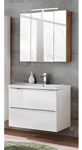 Lomadox Badezimmermöbel Set mit 80cm Keramik-Waschtisch und LED-Spiegelschrank 3D Hochglanz weiß, Breite 80cm