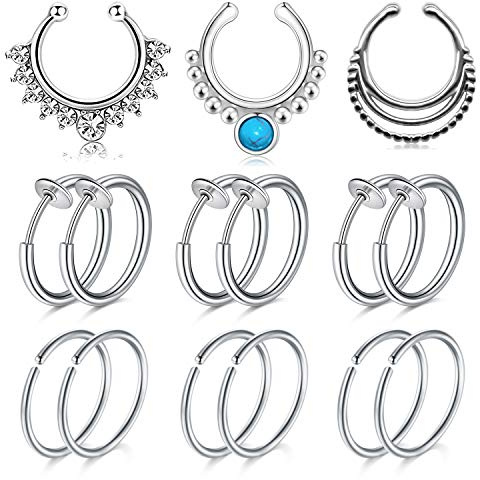 Mayhoop 12-16Pièces 20G 8mm Piercing Nez Faux Piercing Nez Acier Chirurgical avec Diamant Faux Anneau Nez Faux Piercing Nez Lèvre Helix Non Piercing Fake Piercing Nez Femme Homme